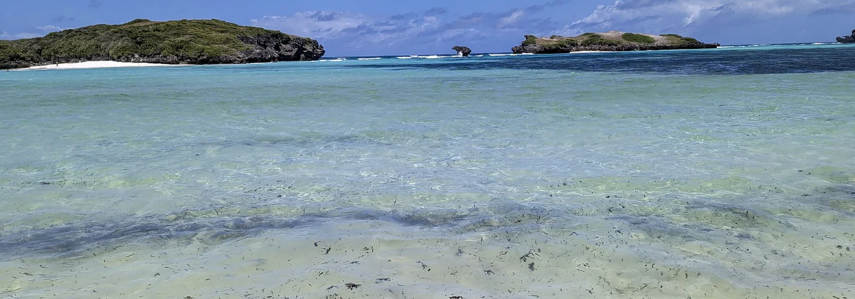 Shallow turquoise lagoon, coral reef and coastal islets in Watamu, Kenya.