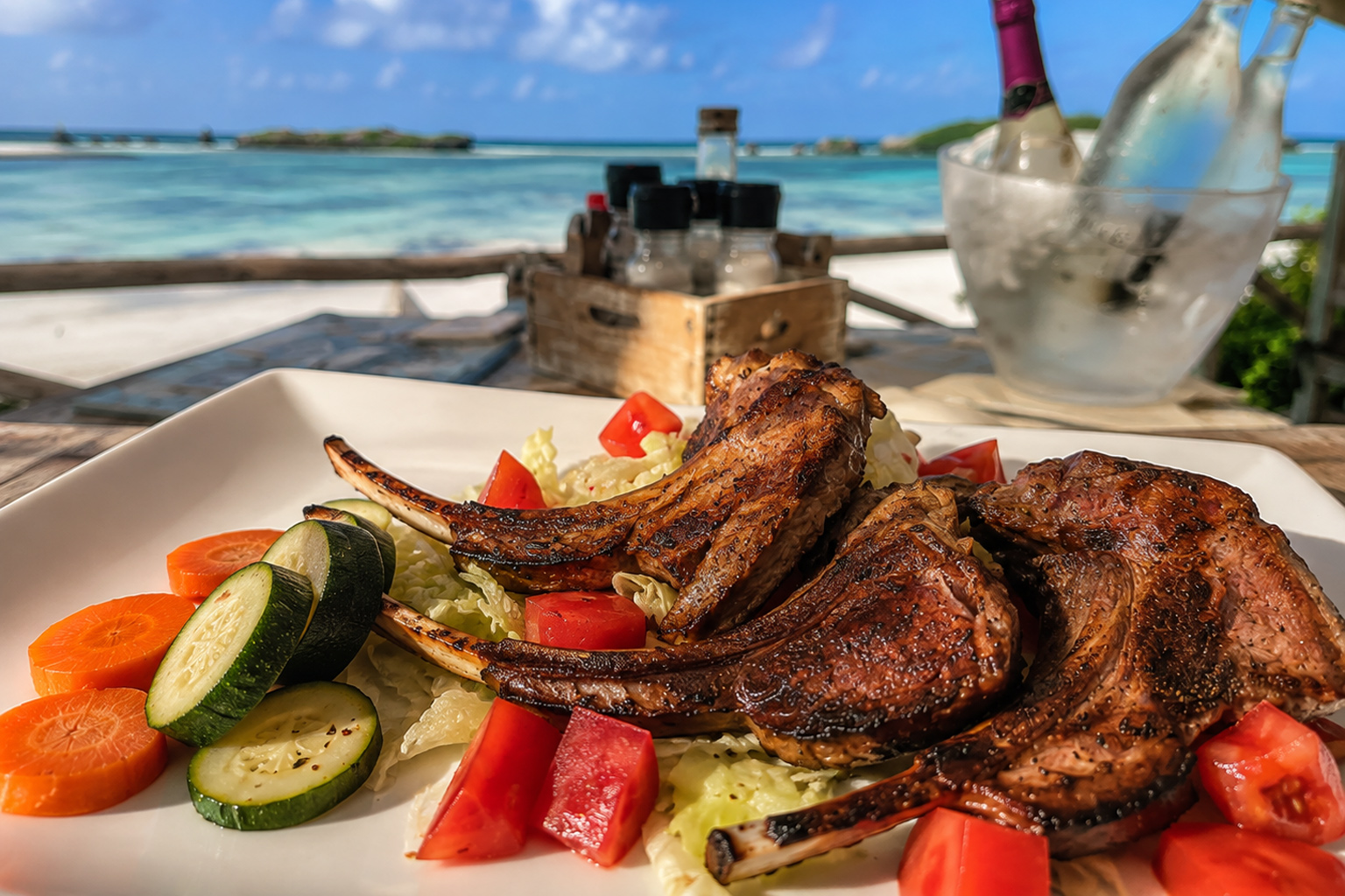 Grilled lamb chops served at Visiwa Restaurant in Watamu with a tropical ocean view