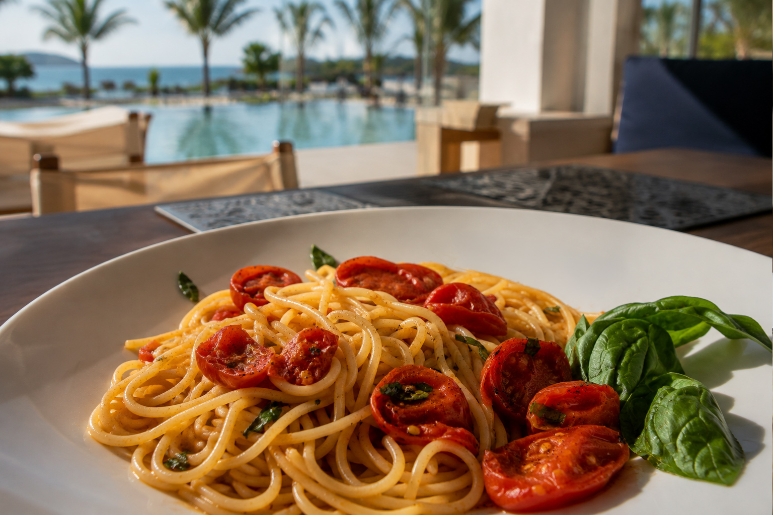 Italian pasta with roasted tomatoes and basil at Visiwa Restaurant in Watamu, Kenya