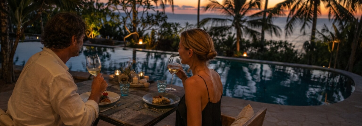 Couple enjoying a romantic poolside dinner at Visiwa Restaurant in Watamu