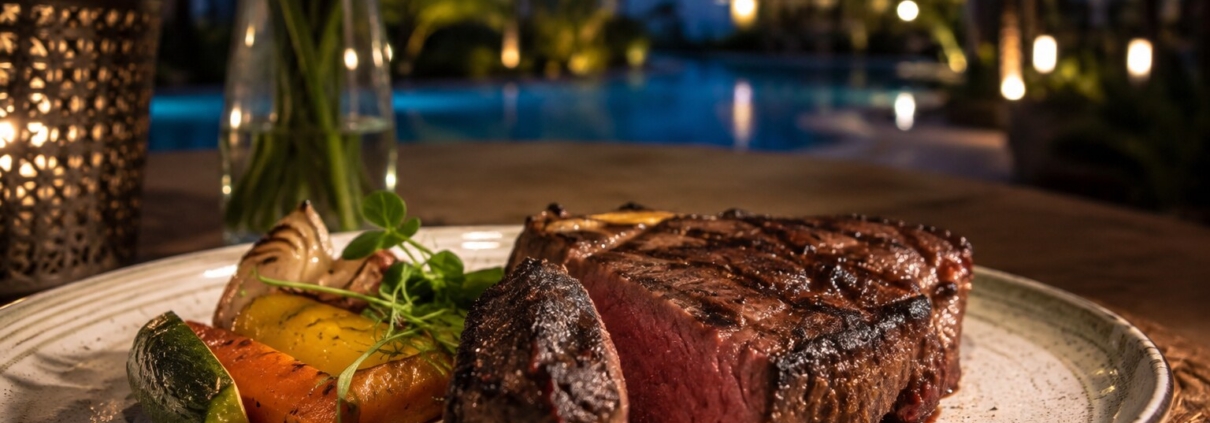 Premium South African steak served poolside at Visiwa Restaurant in Watamu