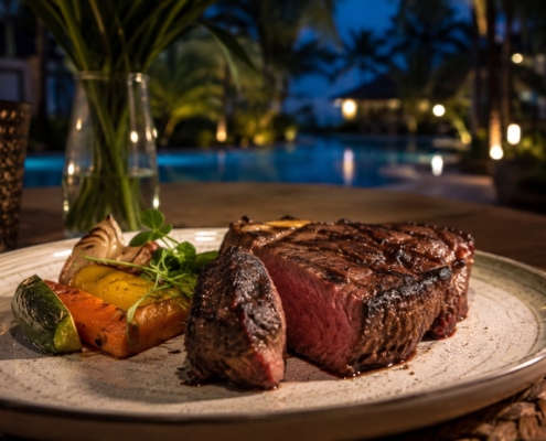 Premium South African steak served poolside at Visiwa Restaurant in Watamu