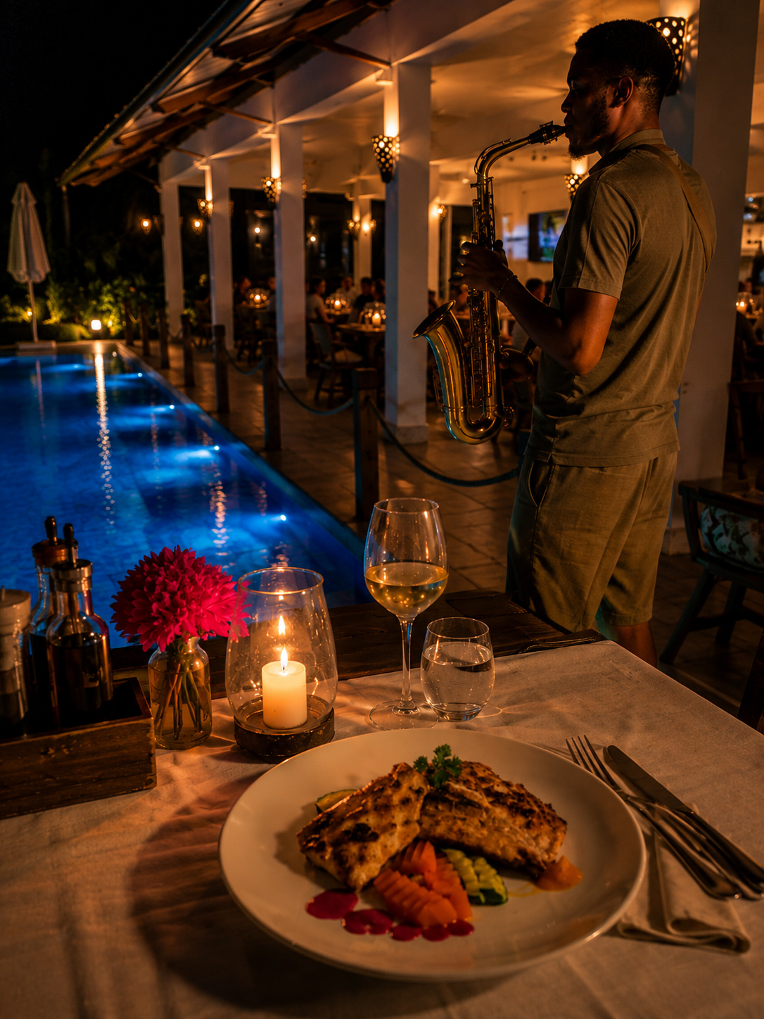 Live sax music by the pool at Visiwa Restaurant in Watamu