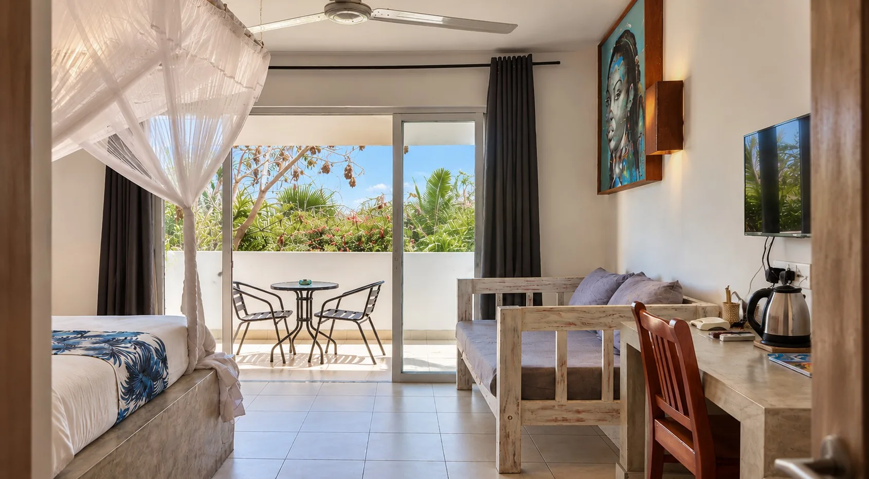 Double Room with Terrace at Visiwa Beach Resort, Watamu – bedroom opening onto the terrace