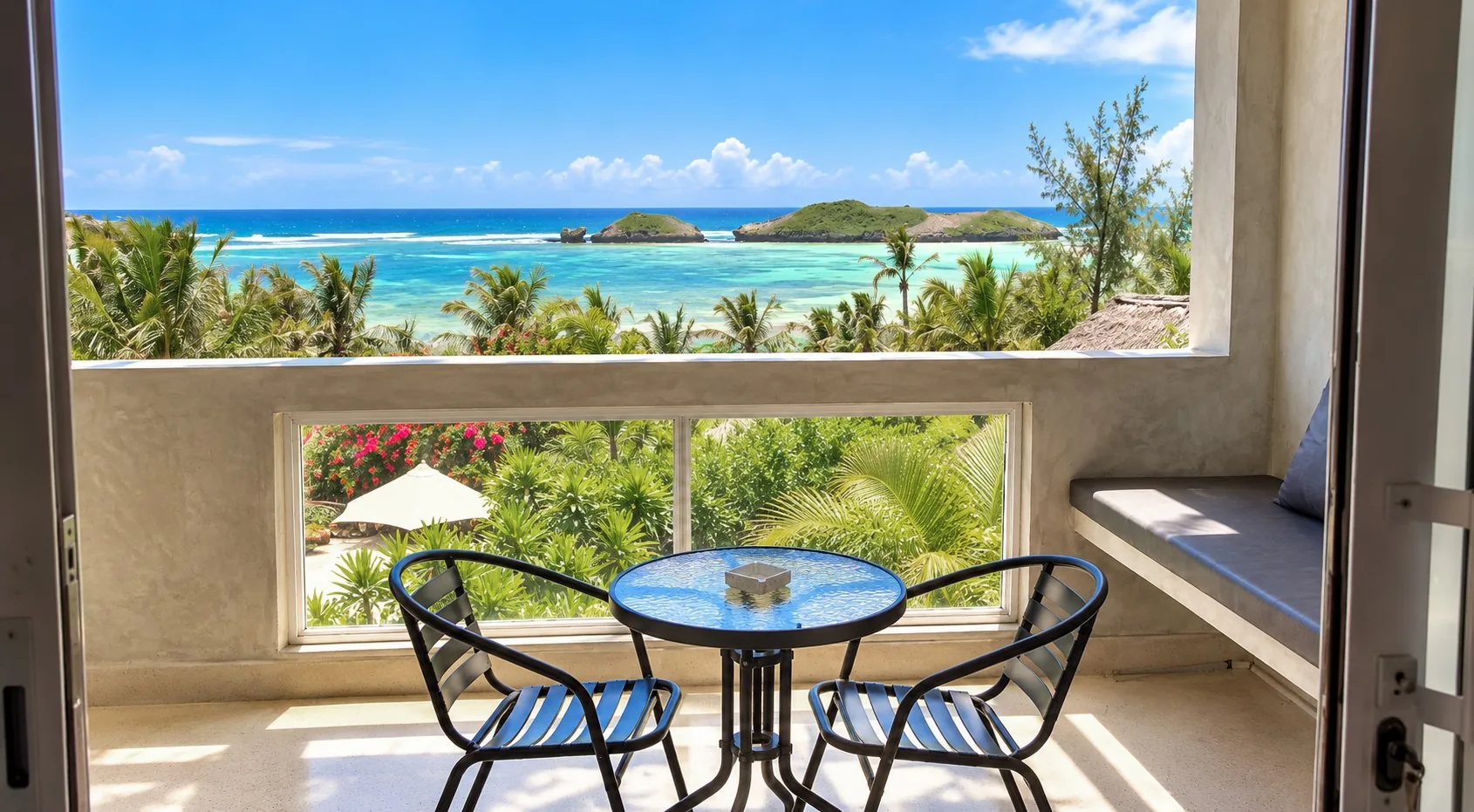 Balcony with Watamu ocean and lagoon view from the Ocean View Room at Visiwa Beach Resort